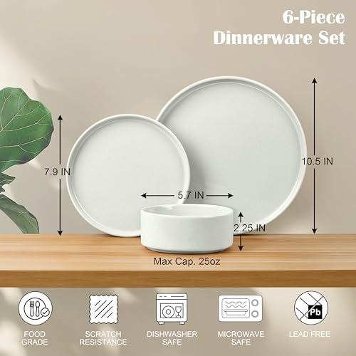E-far 6-Piece Stoneware Dinnerware Sets, Plates and Bowls Set for 2, White - Image 2