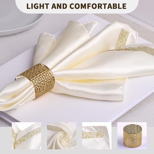 VIJIV 12 Pack Cloth Napkins and Gold Napkin Rings Set of 6, 17x17 Bling Trim Satin Cocktail Napkins Cloth Washable Personalized Dinner Napkins for Wedding Party Holiday Decorative - Image 3