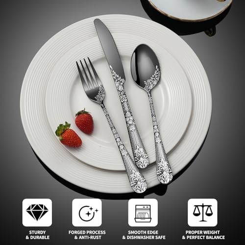 40 Piece Black Silverware Set, Stainless Steel Flatware Cutlery Set Service for 8, Mirror Polished Tableware Eating Utensils Set for Home Kitchen, Include Knife Fork Spoon Set, Dishwasher Safe - Image 3