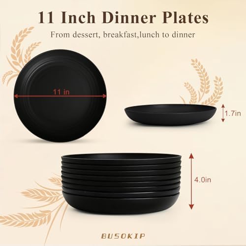 Dinner Plates Set 11 Inch, Unbreakable Wheat Straw Plates 8 PCS, Alternatives to Plastic Plates Rusable, Microwave Safe Camping Plates for Breakfast, Lunch, Dinner - Black - Image 2
