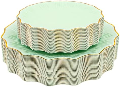 Rubtlamp 60Pcs Light Green Plastic Plates - Green Scalloped Plates with Gold Trim - 30 Gold Dinner & 30 Dessert Platos, Fancy Disposable Plates for Party, Wedding (30 Guests) by Rubtlamp