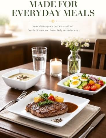 Porcelain Square Dinner Plates, 10.75 Inch White Plates, Set of 4 - Image 3