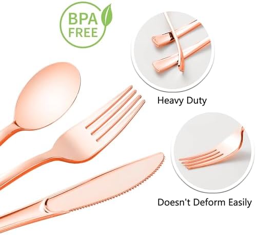 50 Pack Pre Rolled Rose Gold Plastic Silverware Set with Napkins - Image 3