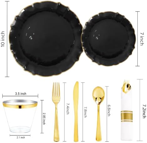 bUCLA 175PCS Black Plastic Plates - 25 Guests Gold Rim Disposable for Party - Image 2