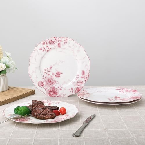 fanquare 10.5 Inch Large Round Pink Floral Porcelain Dinner Plate Sets of 4 - Image 4