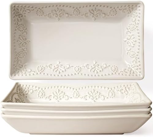 Artena Salad Plates Set of 4, 9.85" Embossed Ceramic Rectangular Appetizer Plates, Deep Lipped Edges, Microwave & Dishwasher Safe, Dessert Sushi Pasta Serving Plates (White, Damask Floral) by Artena