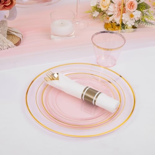 WELLIFE 210Pcs Clear-Pink Plastic Dinnerware- Pink and Gold Plastic Dinnerware include 30 Dinner Plates, 30 Dessert Plates, 90 Gold Silverware, 30 Cups and 30 Napkins Perfect for Parties - Image 7