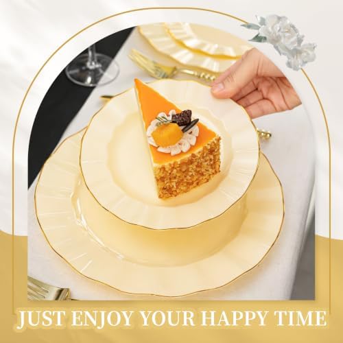 120PCS Yellow Plastic Plates, Wavy Plates with Gold Rim - Image 6