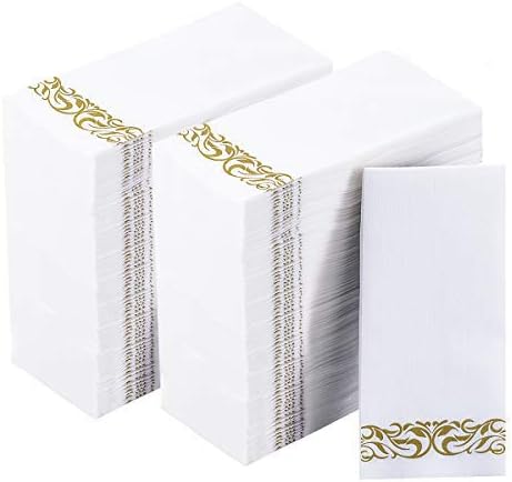 200 White and Gold Disposable Hand Towels Bathroom Napkins for Parties by JOLLYCHEF