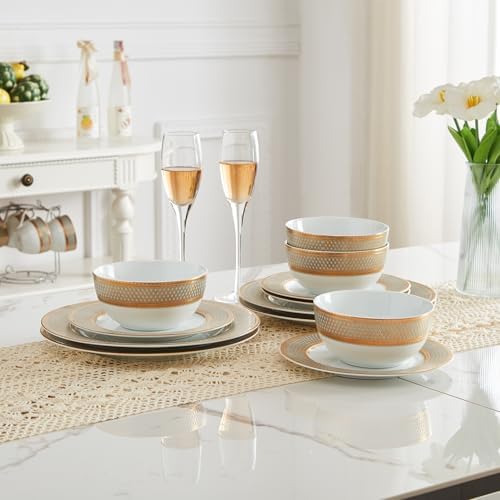 Porcelain Dinnerware Set with Real Gold Trim (Geometric Pattern,Service for 4) - Image 4