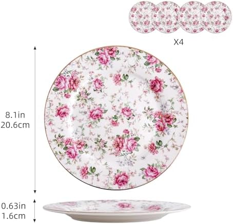 Agyiuns Porcelain Floral Plates, 8in Set of 4 Round Small Appetizer Dessert Plates for dessert，bread (White with flowers) - Image 2