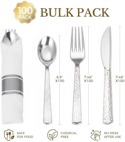 Goodluck 400PCS Silver Hammered Wrapped Silverware Set Disposable - Image 3