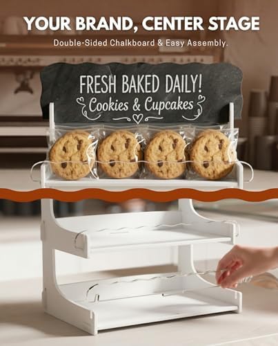 HOTCAN Cookie Display Stand for Bakers & Vendors with Acrylic Front | Wooden Dessert Stand with Chalkboard Sign for Market Booths, Craft Fairs & Events | 2 Tiered Cookie Display for Cupcakes, Muffins & Pastries (White) - Image 3