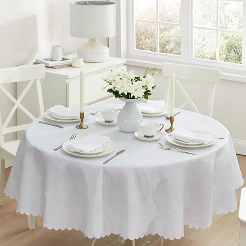 Newbridge Holiday Ribbons Bows White 70" Round Tablecloth | Thanksgiving Christmas Jacquard Damask Table Cover, Water Stain Wrinkle Resistant, Winter Formal Dinner Party Dining Décor by HomeBargainsPlus
