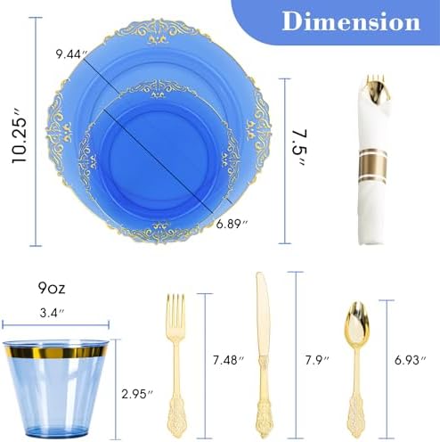 350PCS Gold and Blue Plastic Plates, Dinnerware Sets for 50 Guests - Image 2