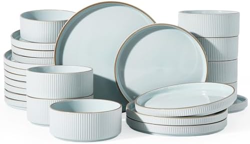 Famiware Stoneware Dinnerware Sets for 8, Rimmed Plates, Bowls, Blue Dishes by Famiware