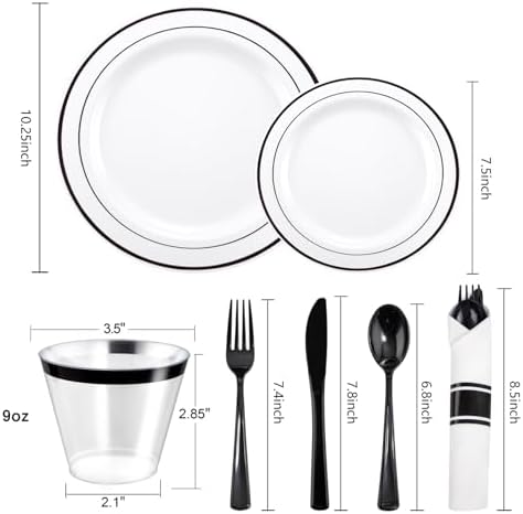 WELLIFE 210Pcs Black Plastic Dinnerware with Pre Rolled Napkins, Include:30 Dinner Plates, 30 Dessert Plates, 30 Paper Napkins, 30 Cups, 90 Plastic Cutlery - Image 2