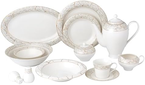 Lorren Home Trends Bone China Dinnerware Set, White with Marble Pattern and Gold Trim, 57 Piece Service for 8, Formal Dining Collection by LorrenHomeTrends