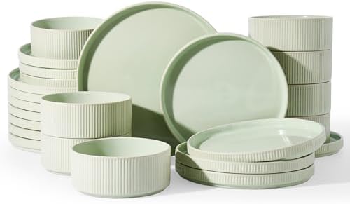 Famiware Stoneware Dinnerware Set for 8, Rimmed Plates, Bowls, Green Dishes by Famiware