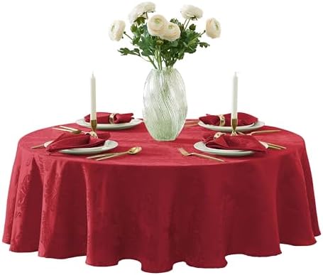 Newbridge Barcelona Damask Fabric Tablecloth, 90 Inch Round, Red – No Iron, Soil Resistant Table Cover for Dining, Parties and Holidays by HomeBargainsPlus