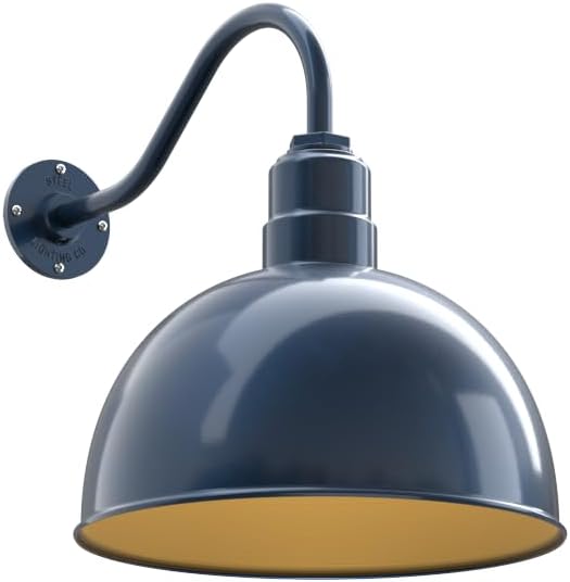 Steel Lighting Co. Hollywood Bowl Light | Outdoor Wall Mounted | 15 inch Bowl Dome | 16" Gooseneck | Barn Light Made in America | Gray Blue Exterior/Brass Interior