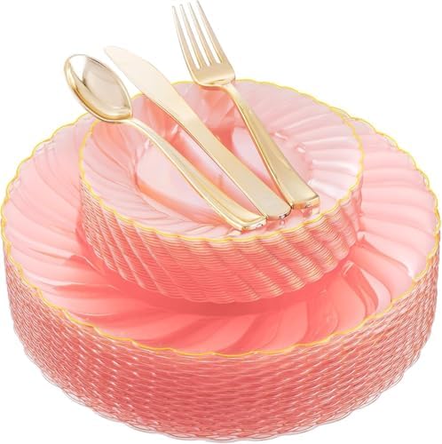 YOUBET 125Pieces Clear Pink Plastic Plates with Gold Rim - Gold Plastic Silverware Include 25 Dinner Plates 25 Dessert Plates 75 Golden Silverwares for Wedding Birthday & Parties Easter Mothers Day by YOUBET