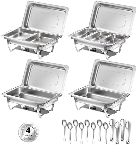 Chafing Dishes for Buffet, 8 Qt Food Warmers 4 Pack 7 Pans Silver by KEYOXY