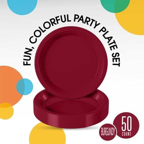 Exquisite Party Solids Sturdy Burgundy Plastic Plates 7" Cake Plates 50 Pcs - Image 2