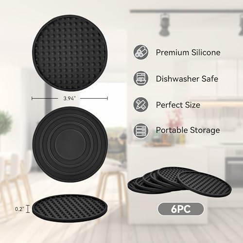 Coasters for Drinks, Silicone Coasters Set of 12 with ABS Holder, Outdoor Coaster for Coffee Table, Non-Slip Rubber Table Cup Mat Desk, Heat Resistant & Scratch-Proof (Black)