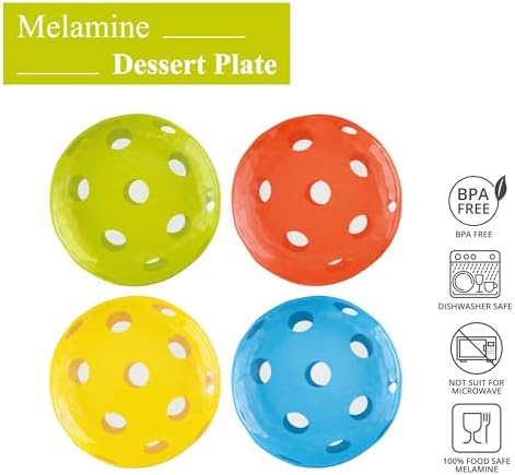 UP Pickleball Melamine Round Dessert Plates, Small Serving Plates, for Appetizer, Snacks, and Side Dishes, Multicolor, 6 Inch, Set of 4 - Image 2