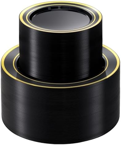 BESTVIP 200PCS Black Plastic Plate with Gold Rim by Bestvip