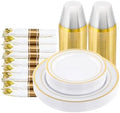 175 PCS White and Gold Plastic Dinnerware Set for 25 Guests, 50 Disposable Plates for Party, 25 Pre Rolled Napkins with Gold Silverware, 25 Cups by Realluck