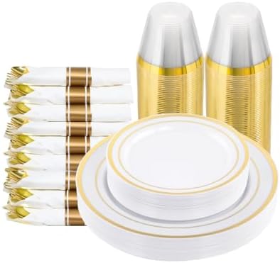 175 PCS White and Gold Plastic Dinnerware Set for 25 Guests, 50 Disposable Plates for Party, 25 Pre Rolled Napkins with Gold Silverware, 25 Cups by Realluck