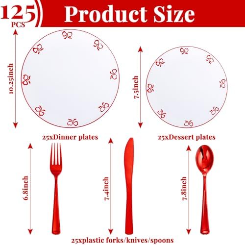 125PCS Red Bow Plastic Plates - White and Red Rim Disposable Plates - 50 Elegant Plates with Bowknot Patterns, 25 Forks, 25 Spoons, 25 Knives for Birthday Wedding Party - Image 3