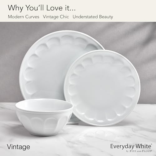 Fitz and Floyd Everyday Vintage Scalloped Porcelain 12 Piece Dinnerware Plate Bowl Set, Service for 4 - Image 4