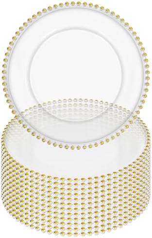 12 Pack Clear Charger Plates Bulk Wedding, 13 Inch Plastic Round Dinner Chargers with Gold Beaded Rim, Acrylic Round Decorative Plates for Wedding Party Home and Tabletop Decor (Gold) by Tomeurperf