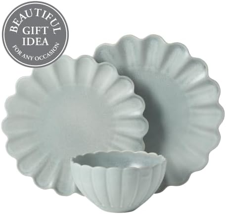 Gibson Elite Bistro Fleur Plates and Bowls Sets, 12-Piece Stoneware Dinnerware Set for 4, Sage Blue Scalloped Dish Set with Dinner Plates, Salad Plates & Bowls - Image 4
