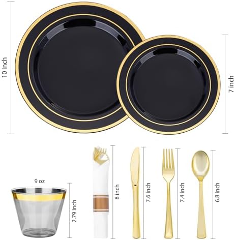 realluck 700 PCS Black Plastic Dinnerware Set for 100 Guests, 200 Disposable Plates for Party, 100 Pre Rolled Napkins with Gold Silverware, 100 Cups for Graduation - Image 3