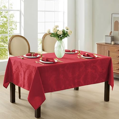 Newbridge Barcelona Damask Fabric Tablecloth, 60 x 84 Inch Rectangle, Red – No Iron, Soil Resistant Table Cover for Dining, Parties and Holidays - Image 2
