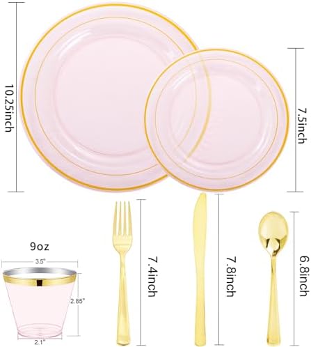 WELLIFE 350Pcs Clear-Pink Plastic Dinnerware- Pink and Gold Plastic Dinnerware include 50 Dinner Plates, 50 Dessert Plates, 150 Gold Silverware, 50 Cups and 50 Napkins Perfect for Parties - Image 2