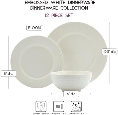 Tabletops Gallery Embossed White Porcelain Round Dinnerware - Bloom 12 Piece Dinnerware Set - Image 5