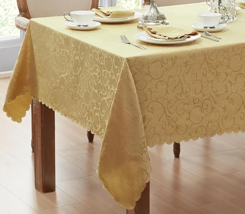 Newbridge Portofino Scalloped Damask Fabric Tablecloth, 60 x 102 Inch Rectangle, Gold, Wrinkle and Stain Resistant Fine Dining Holiday Party Table Cover - Image 6