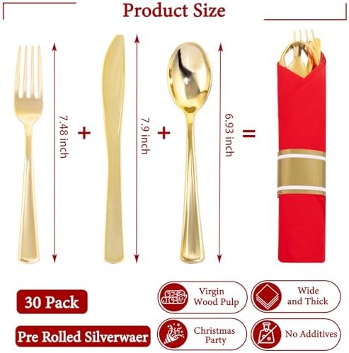 Supernal 30 Pack Pre Rolled Gold Plastic Silverware with Red Napkins - Image 2