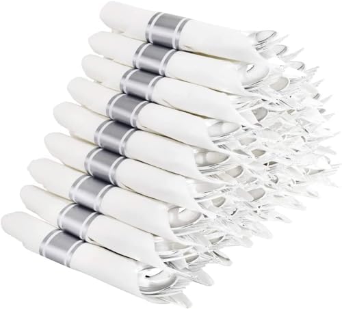 Supernal 240 Pre Rolled Silver Plastic Silverware with Napkins 60 Sets by supernal