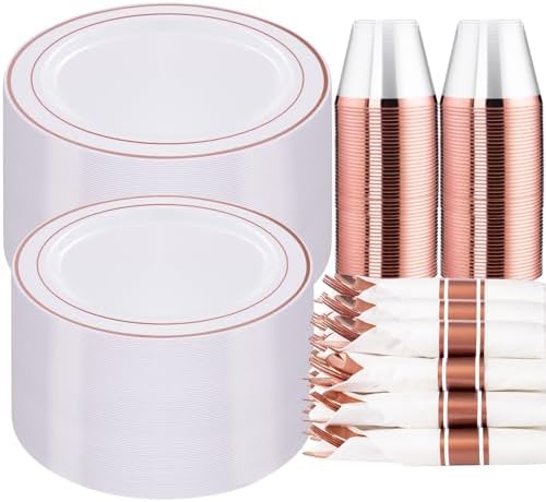 WELLIFE 350 Pieces Rose Gold Plastic Dinnerware, 50 Guests Disposable Plates with Rose Gold silverware and Cups, 50 Pre Rolled Napkins with Cutlery, Perfect for Wedding and Party by WELLIFE