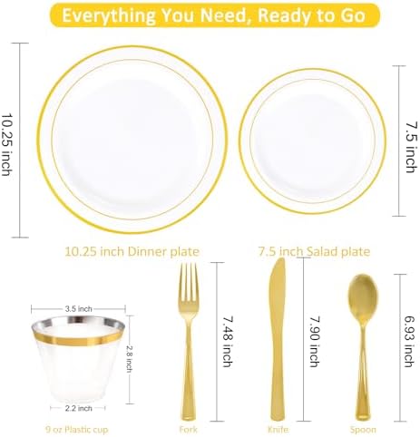 WELLIFE Disposable Plates & Gold Silverware Set, 350 Pieces for 50 Guests - Image 2
