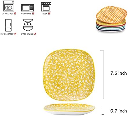 Selamica Porcelain Square Dessert Salad Pasta Plates 7.6 inches ceramic plates set of 6 microwave/dishwasher/oven safe, Assorted Colors - Image 2