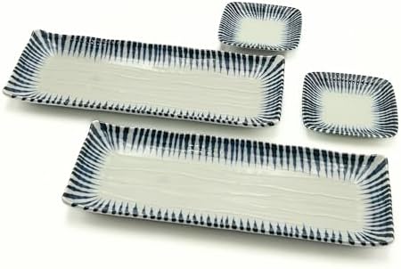 Japanese Sushi Plate Set for 2, Rectangular Plates with Soy Sauce Dishes by ProductofGifuJapan