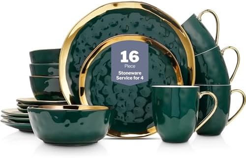Stone Lain Florian Modern Porcelain 16 Piece Dinnerware Set, Plates and Bowls Set, Dish set for 4, Green and Golden Rim by Unknown