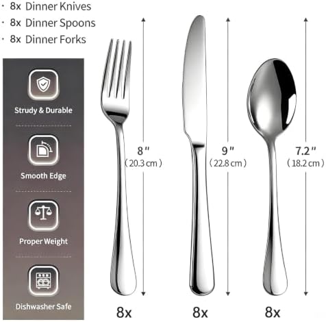 24 Piece Silverware Set for 8, Stainless Steel Heavy Forks Spoons and Knives Set, Mirror Finish Flatware Dishwasher Safe for Family Picnics Daily Gatherings - Image 5